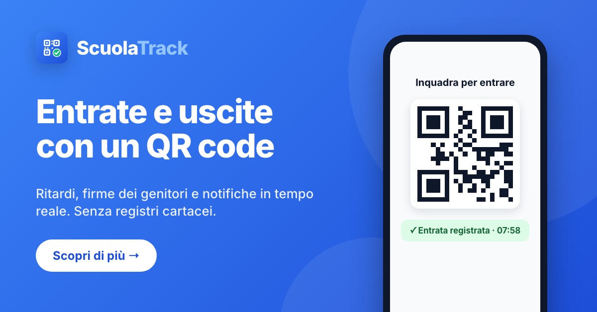 Smartphone con il QR code all'ingresso della scuola e il messaggio Entrata registrata